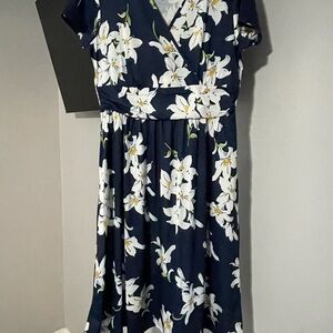 White and Blue Flutter Sleeve Wrap Midi Dress